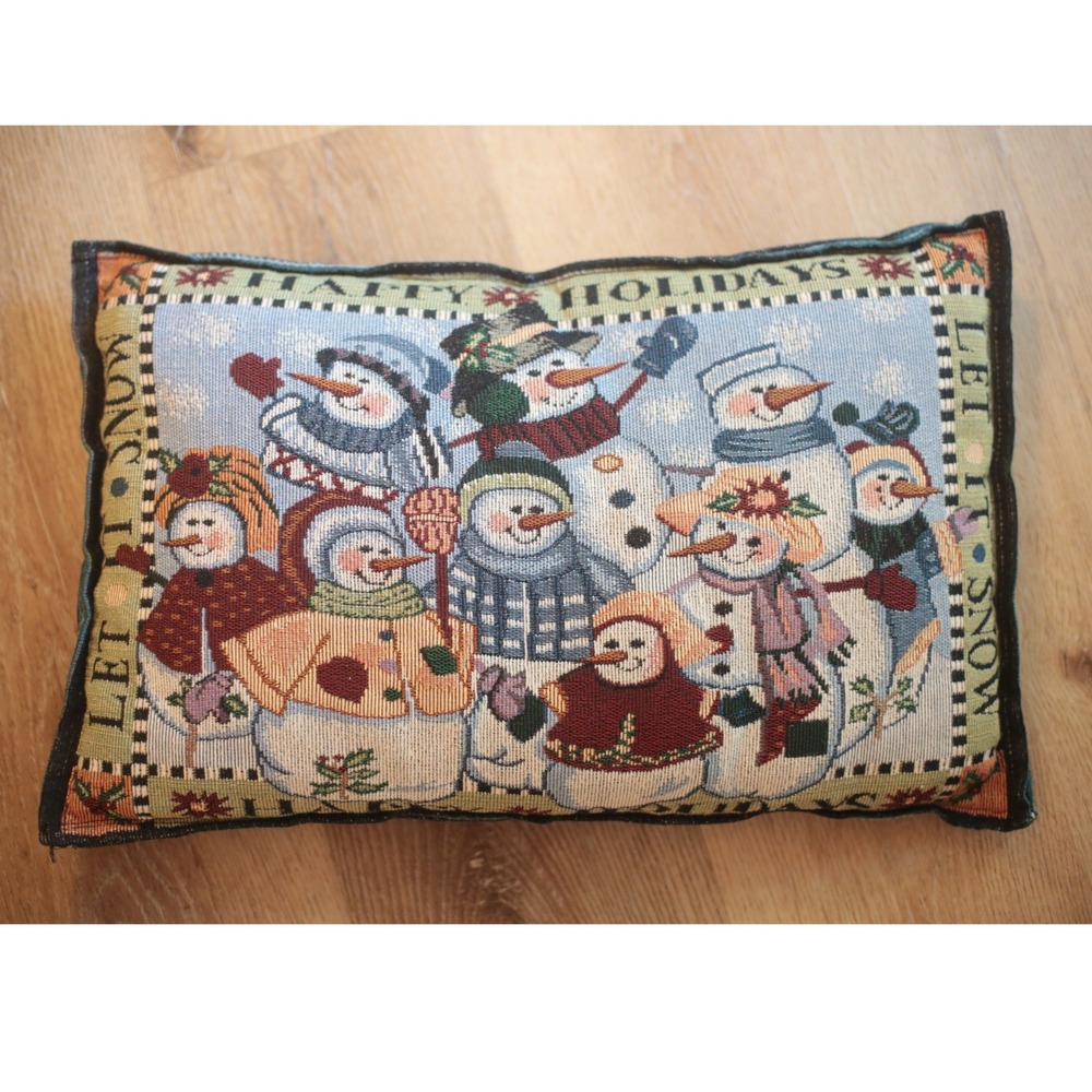 Vintage Woven Tapestry Snowman Christmas Pillow Happy Holidays Let It Snow 17x11
